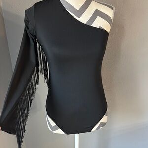 Black One-Shoulder Fringe Top